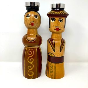 Large folk art wooden hand painted candle sticks